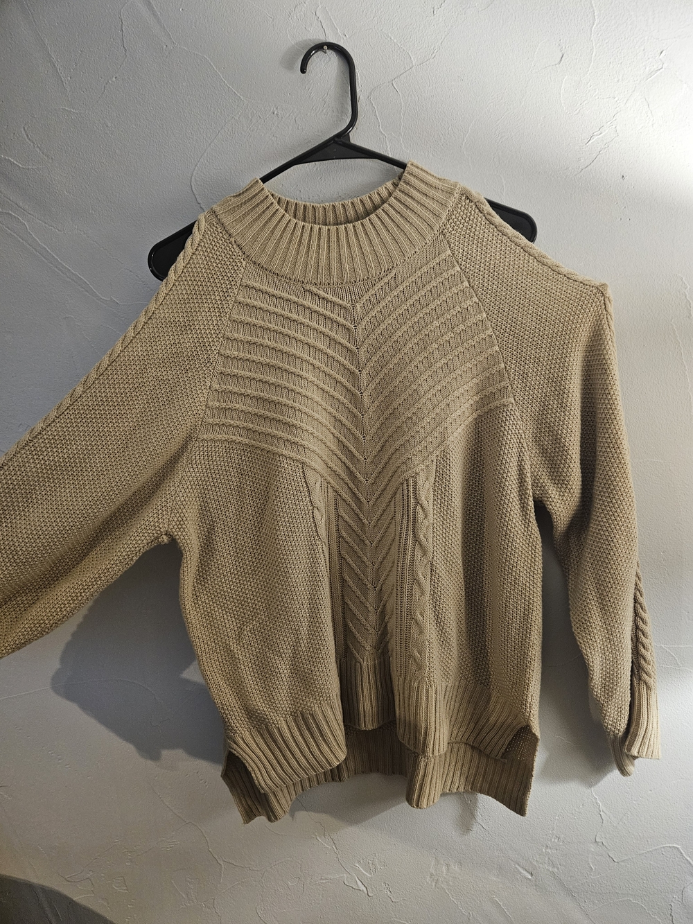 Cable-Knit Exposed Shoulder Sweater - Beige